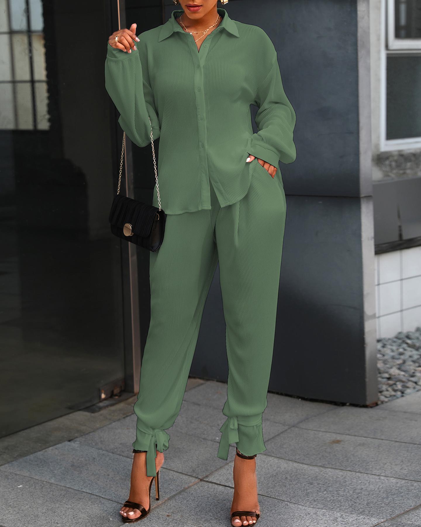 

Buttoned Long Sleeve Ruched Women Top & Pockets Pants Set, Green