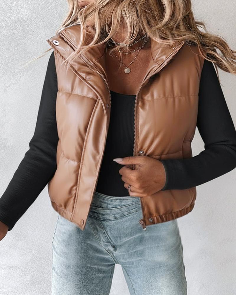 

Colete de couro PU com gola alta, zíper, botões de pressão duplos, frente, casual, bainha elástica, casaco curto acolchoado, Coffee