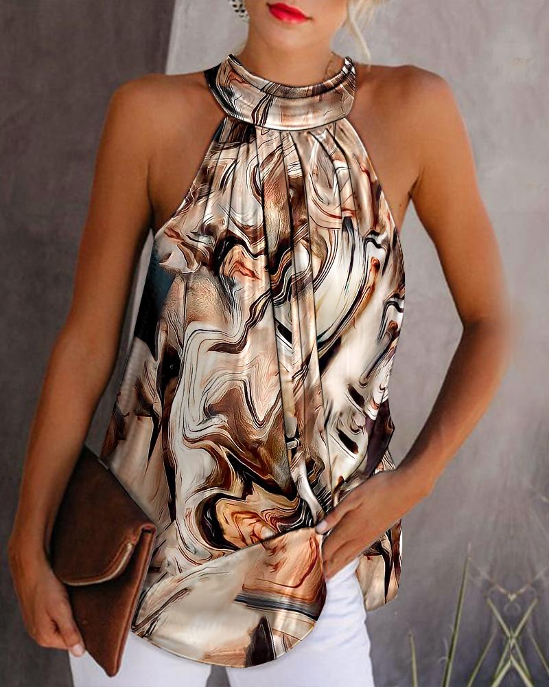 

Marble Print Casual Satin Tank Top, Brown