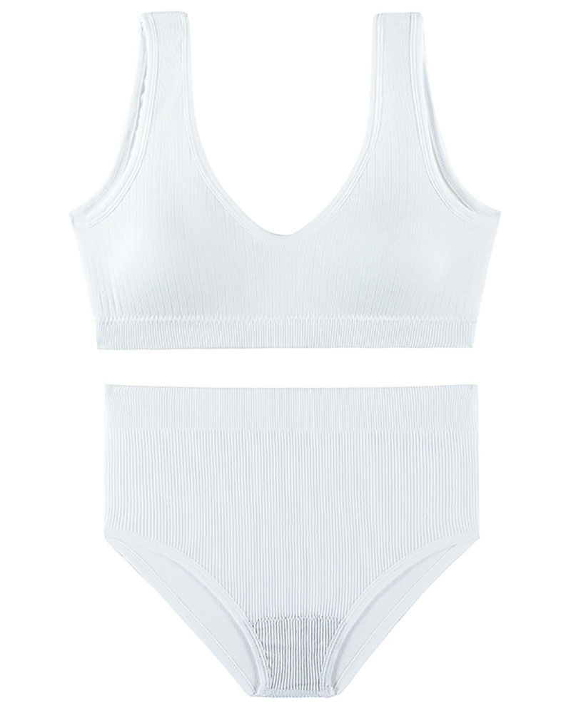 

Sleeveless V Neck Seamless Bra Set, White