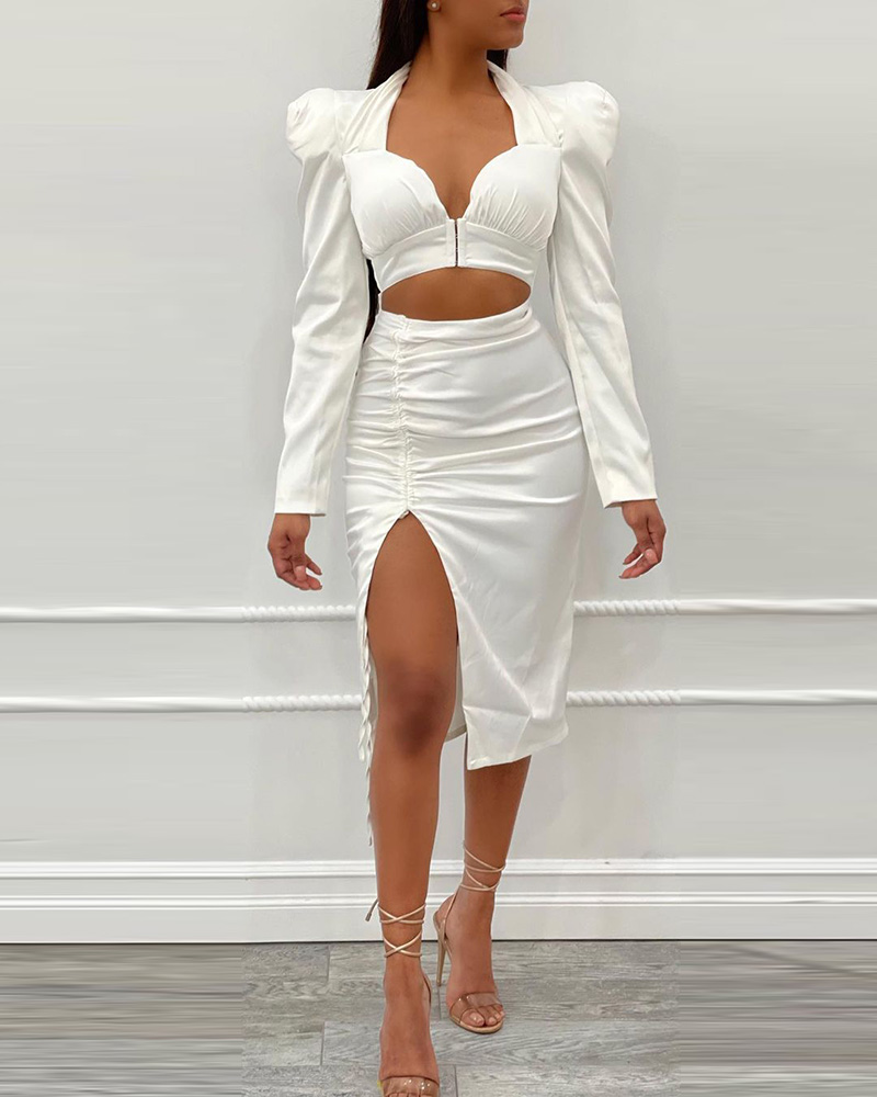 

Puff Sleeve High Slit Cutout Front Ruched Dress, White