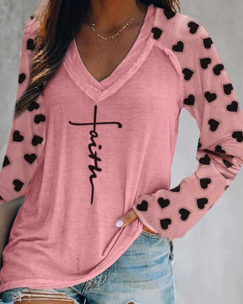 

Heart Letter Pattern Print Long Sleeve Top, Pink