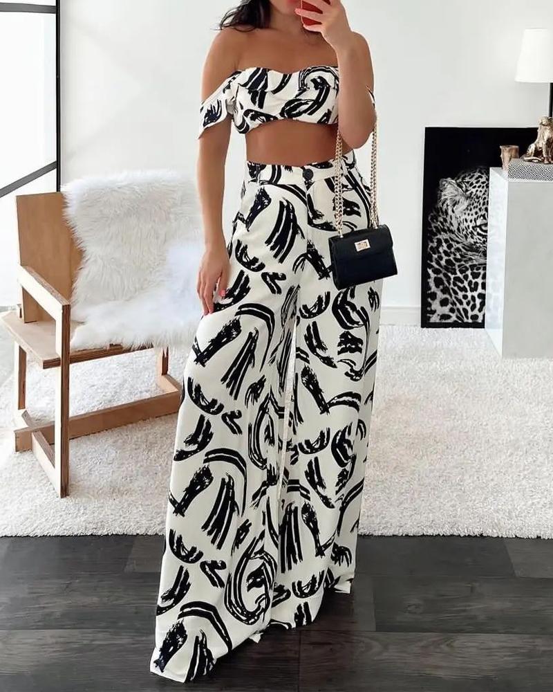 

Abstract Print Off Shoulder Crop Top & Wide Leg Pants Set, Beige