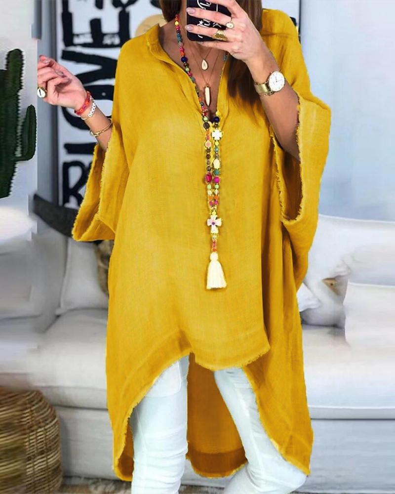 

Plain V-Neck High Low Hem Top, Yellow
