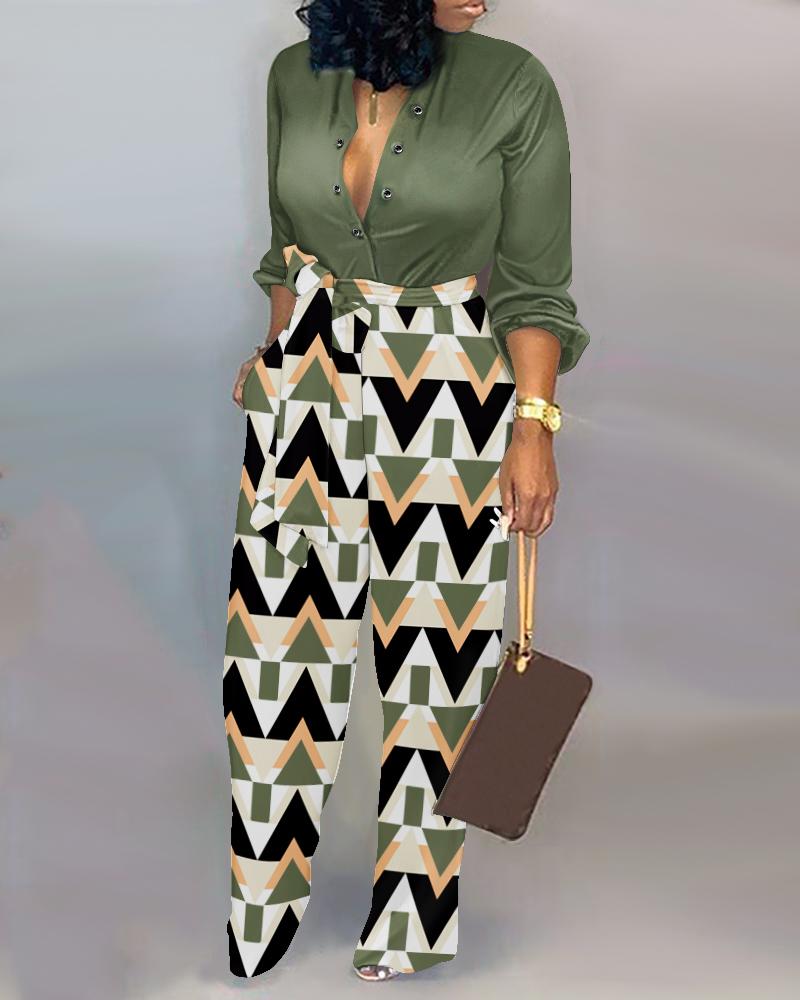 

Geometric Print Buttoned Pocket Design Jumpsuit, Green