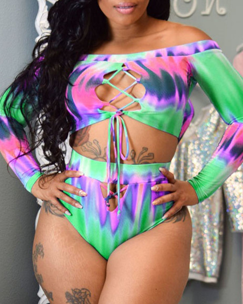 

Tie Dye Print Off Shoulder Lace-up High Waist Tankini Set, Green