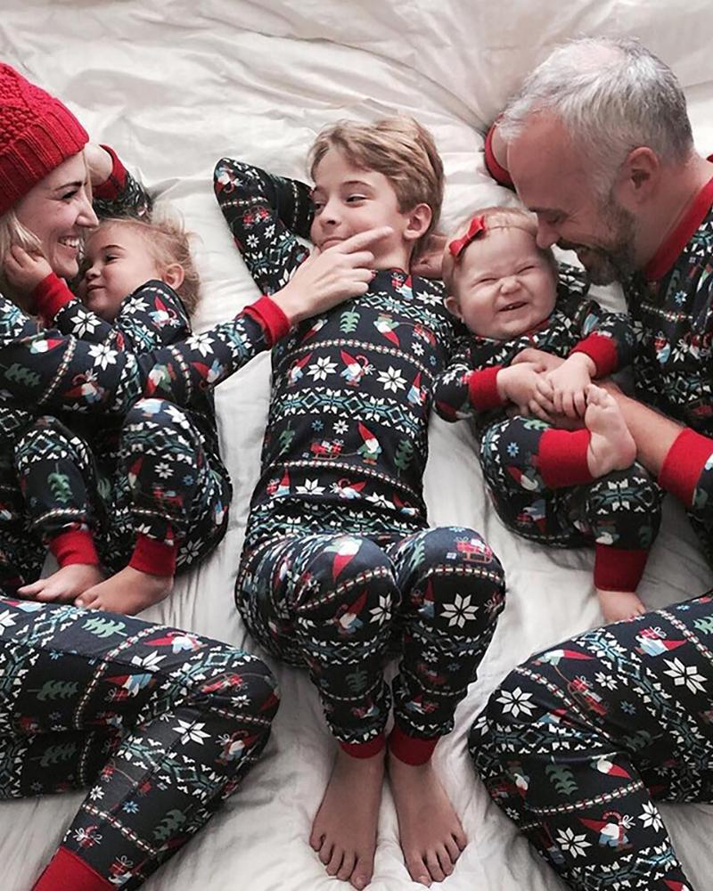 

Christmas Print Colorblock Pajamas Set For Mom, Black