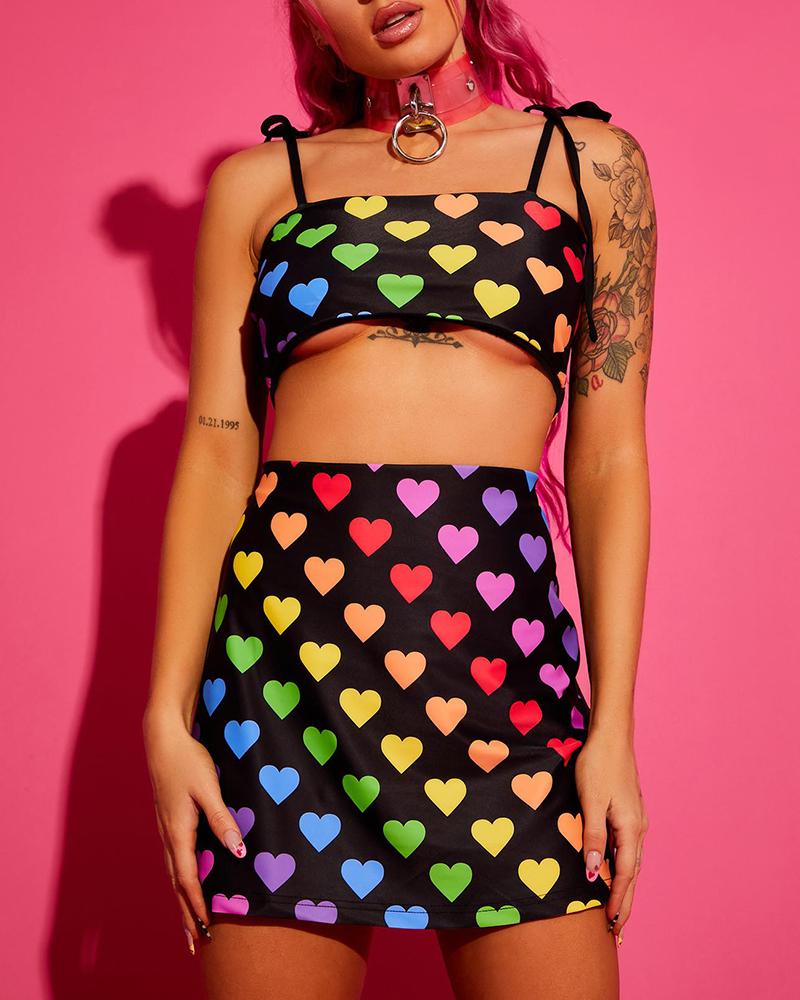 

Heart Print Colorblock Crop Top & Skirt Set, Black