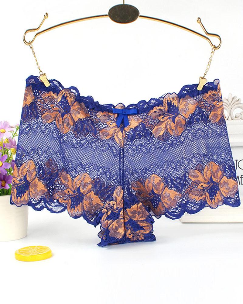 

Floral Pattern Lace Mesh Bowknot Detail Panty, Blue