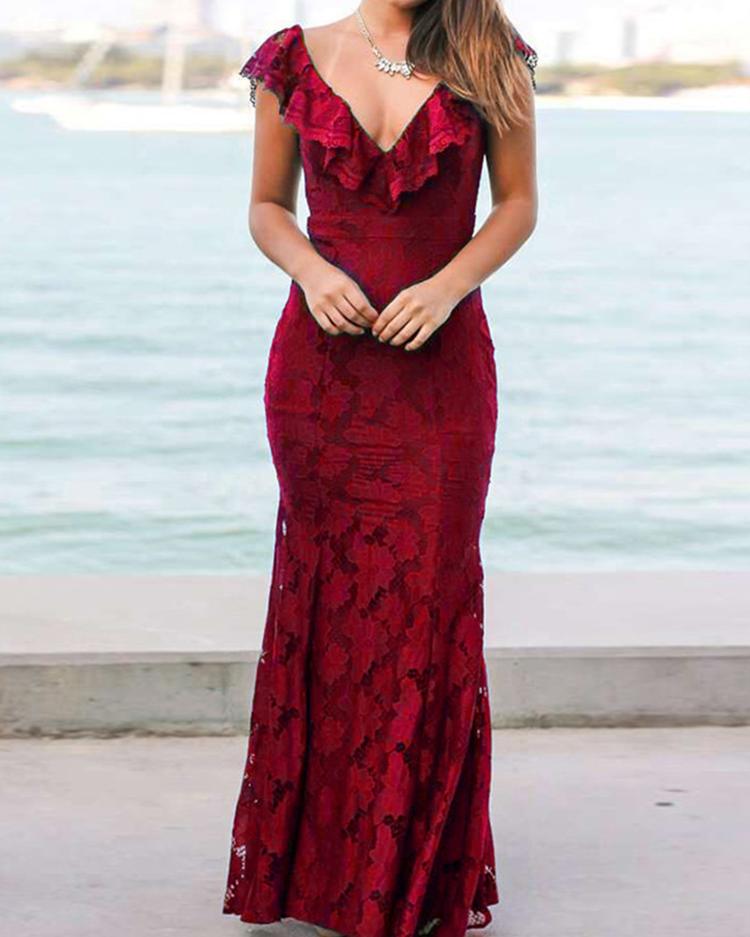 

Double V Neck Frills Hem Lace Mermid Maxi Dress - Red