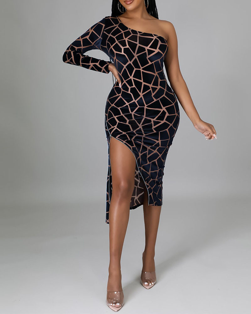 

Abstract Print One Shoulder Side Zipper Midi Dress, Black
