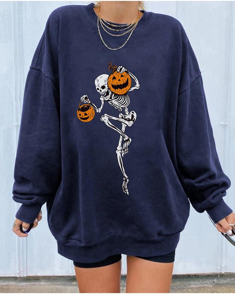 

Halloween Pumpkin Skeleton Print Long Sleeve Sweatshirt, Purplish blue
