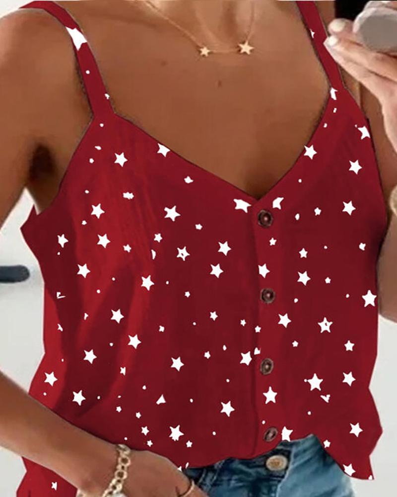 

Button Front Star Print Spaghetti Strap Top, Red