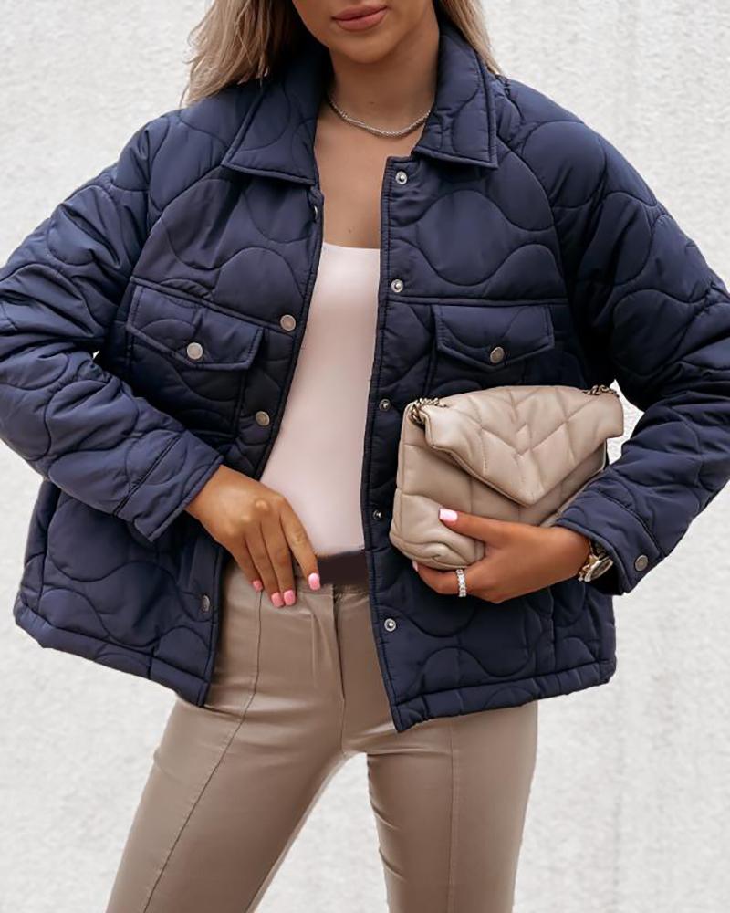 

Buttoned Long Sleeve Pocket Design Puffer Jacket, Blue