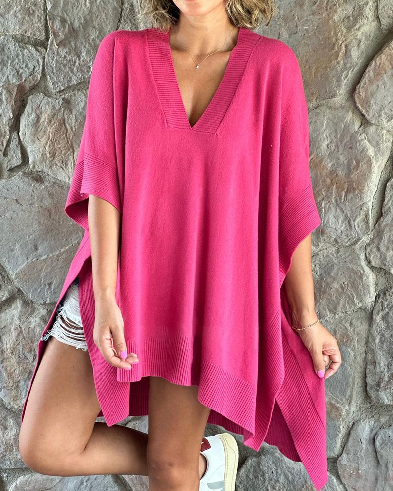 

Batwing Sleeve Slit Dip Hem Sweater, Hot pink