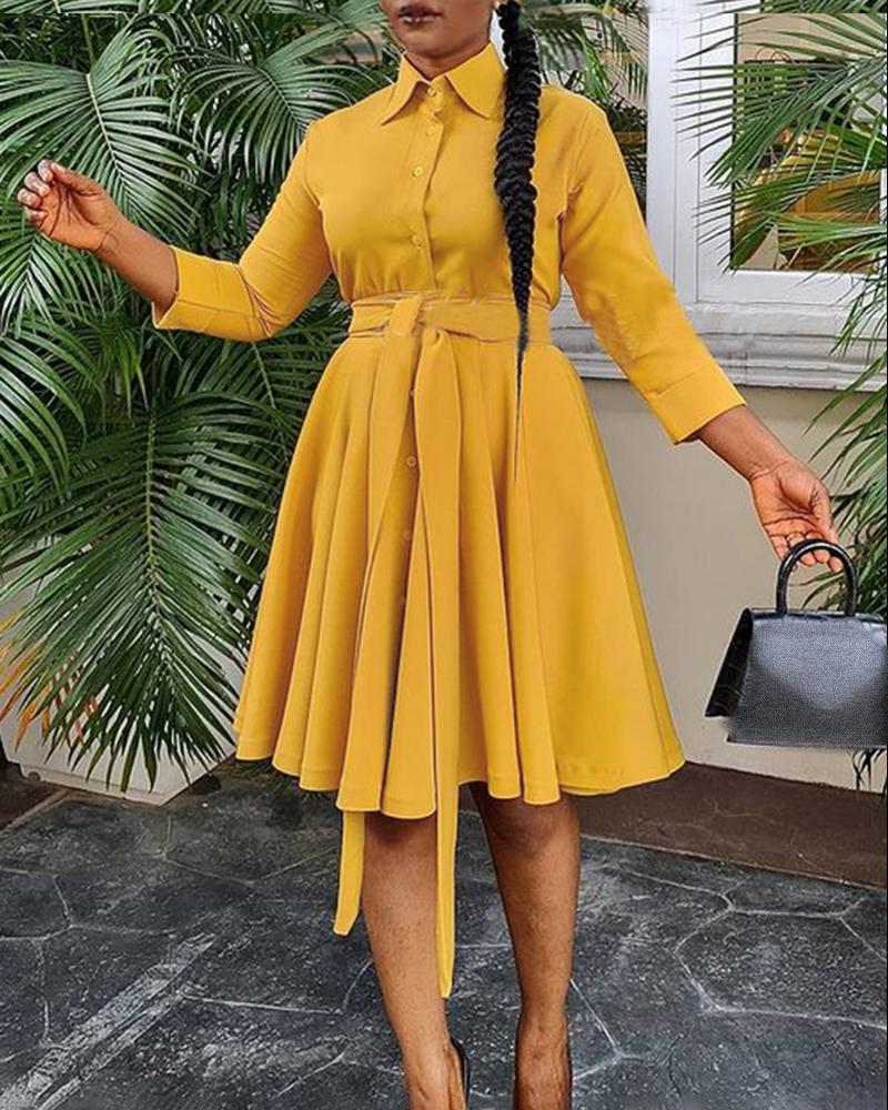 

Button Design Pleated Tied Detail Shirt Dress, Yellow