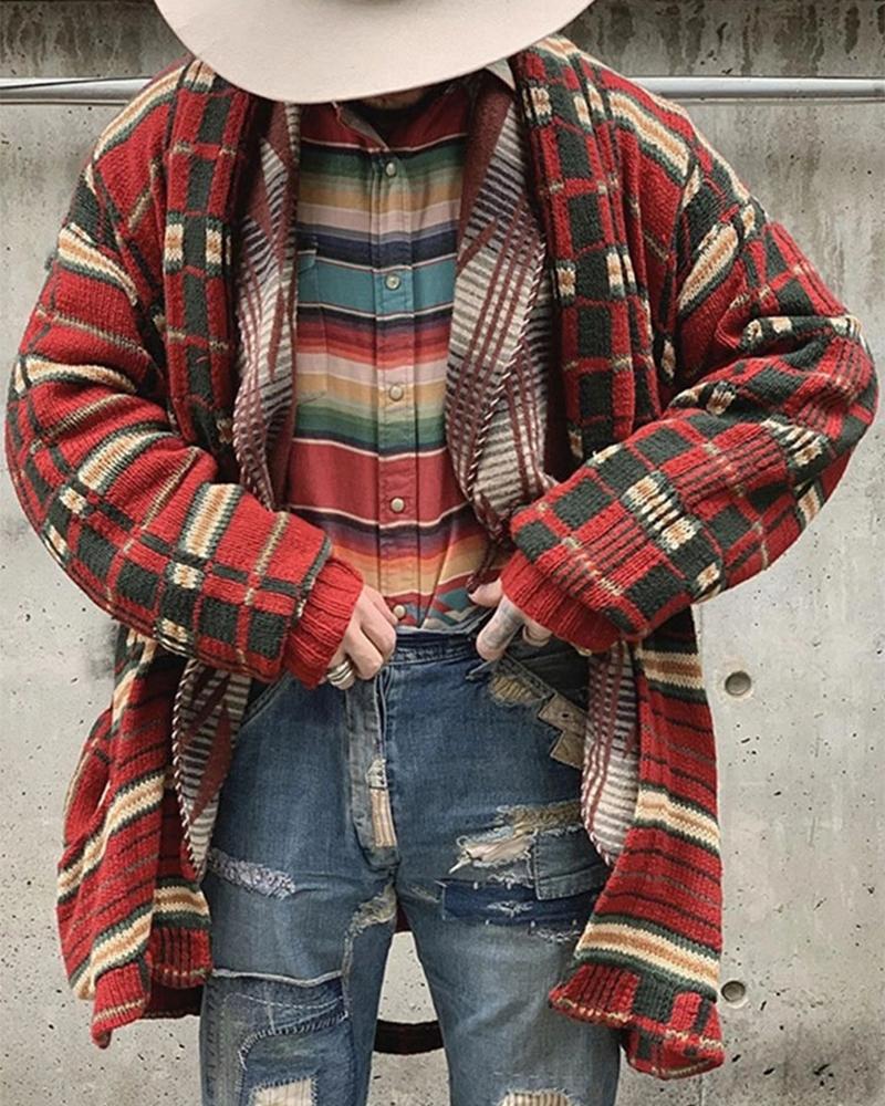 

Colorblock Long Sleeve Loose Cardigans, Red