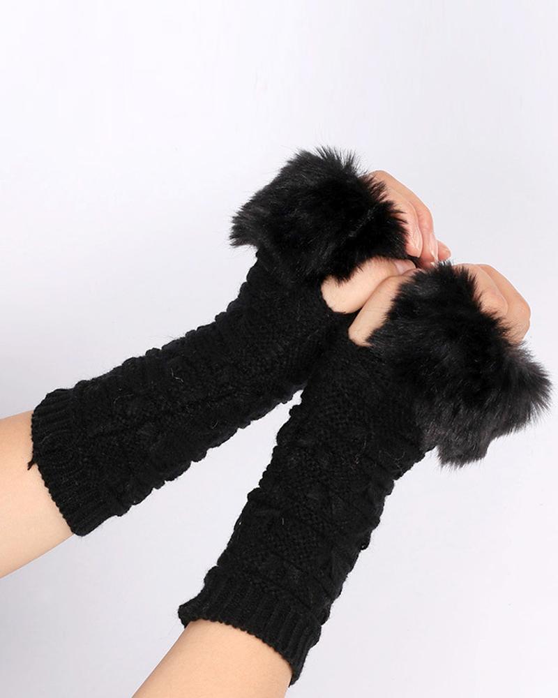 

1Pair Fuzzy Trim Bowknot Textured Knit Fingerless Gloves, Black