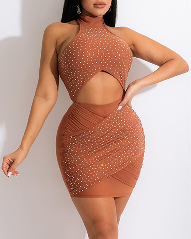 

Rhinestone Sleeveless Cutout Front Ruched Bodycon Dress, Orange