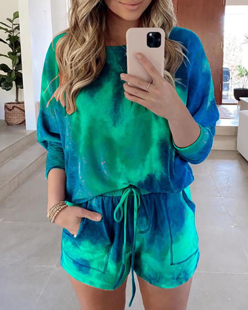 

Tie Dye Print Women Top & Drawstring Shorts Set, Green
