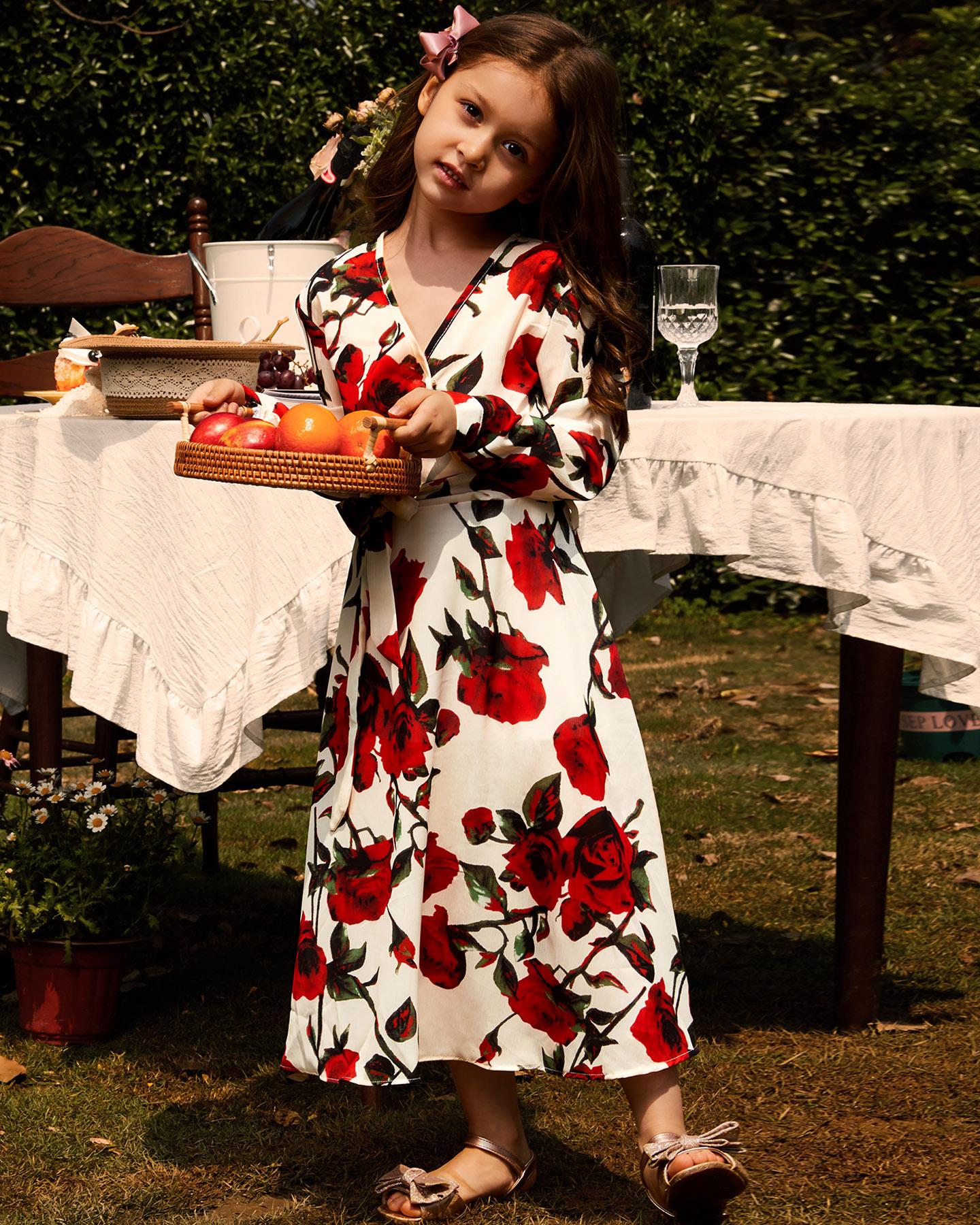 

Mommy & me V-Neck Long Sleeve Floral Print Dress(S1 For Kids,S2 For Mom), Style1