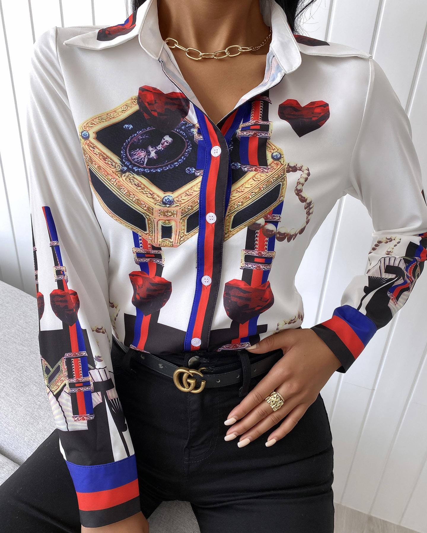 

Buttoned Design Scarf Print Shirt, Multicolor