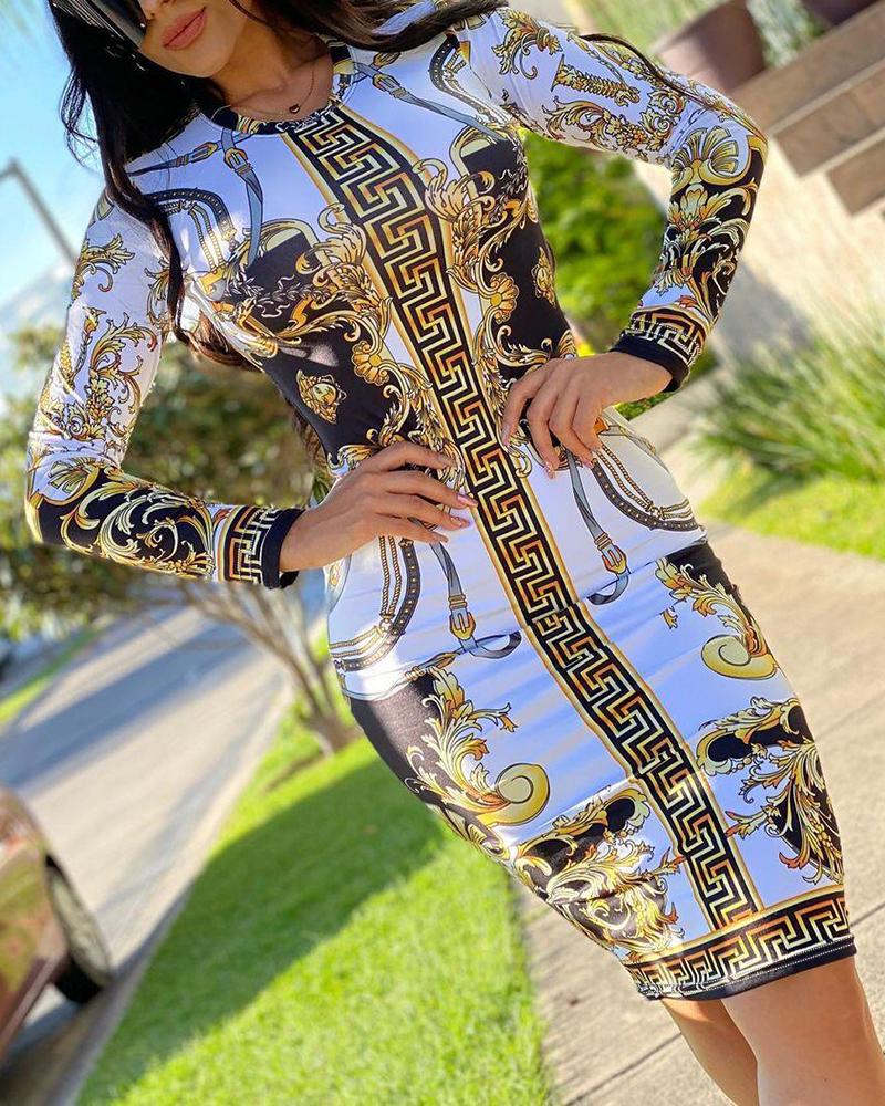

Geometric Baroque Print O-Neck Bodycon Dress, White