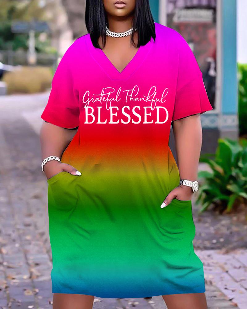 Plus Size Grateful Thankful Blessed Print Ombre Casual Dress