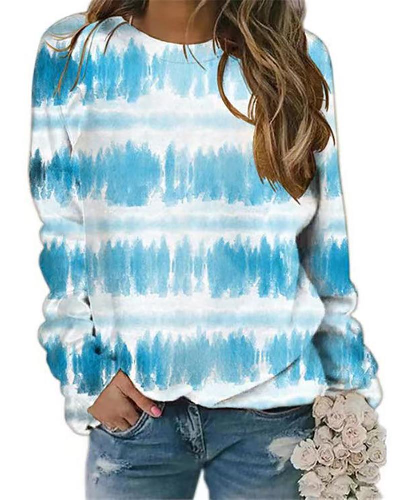 

Heart / Tie Dye Print Long Sleeve Casual Top, Sky blue