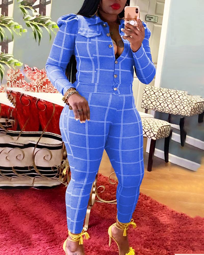 

Colorblock Puffed Sleeve Top & Pants Set, Blue