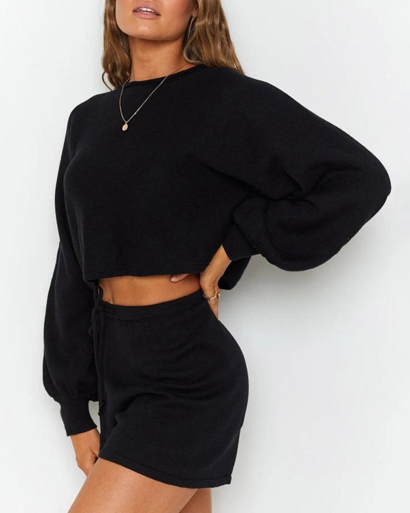 

O Neck Lantern Sleeve Sweater & Drawstring Shorts Set, Black