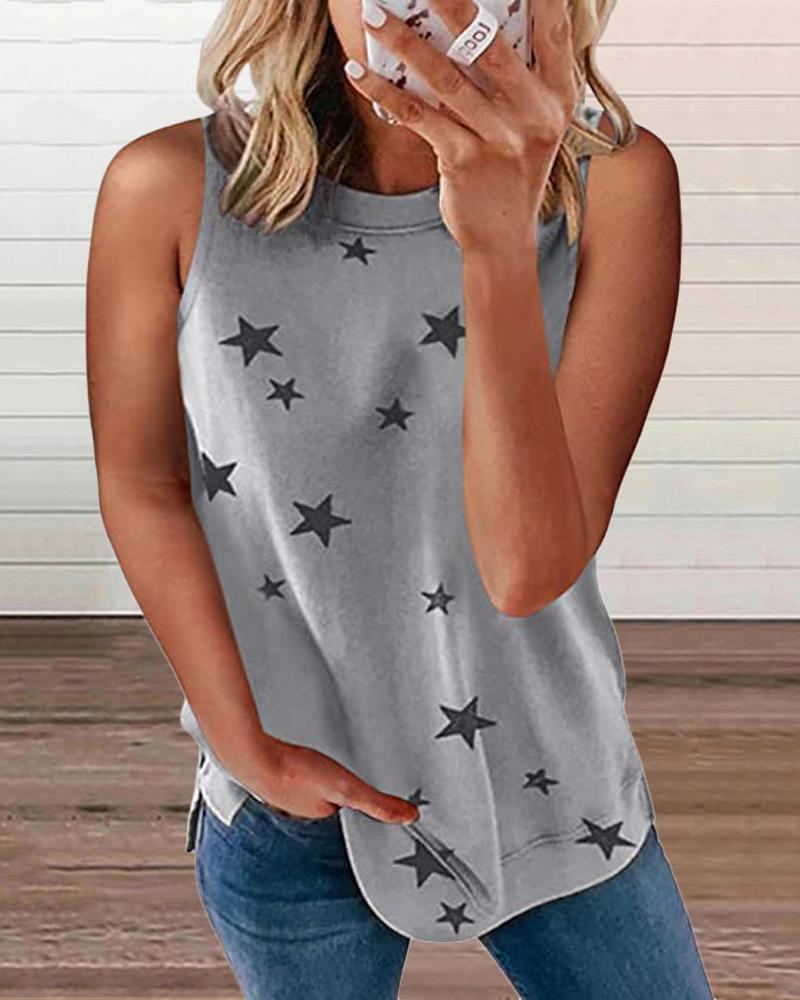 

Star Print Round Neck Casual Tank Top, Gray