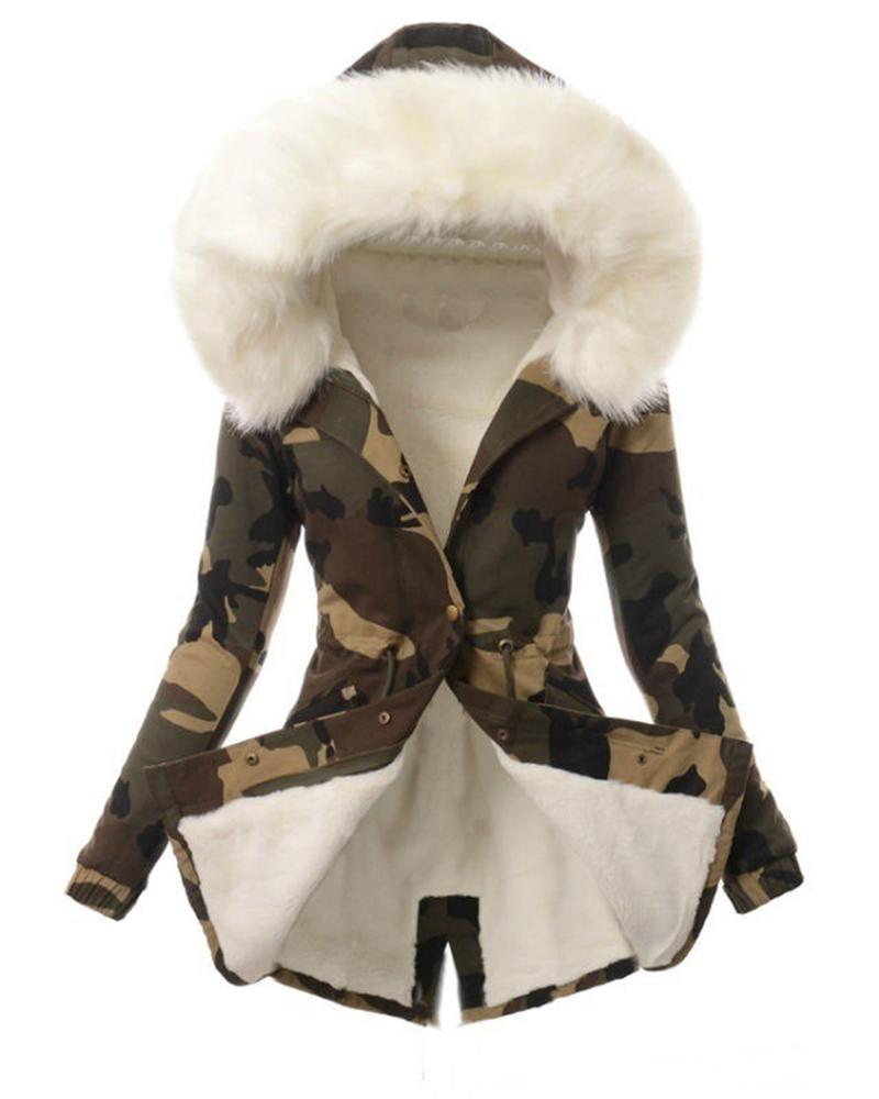 

Women' Parka Casual Winter Long Coat Camouflage Print Drawstring Buttoned Lined Hooded Fur Collar Jacket, White