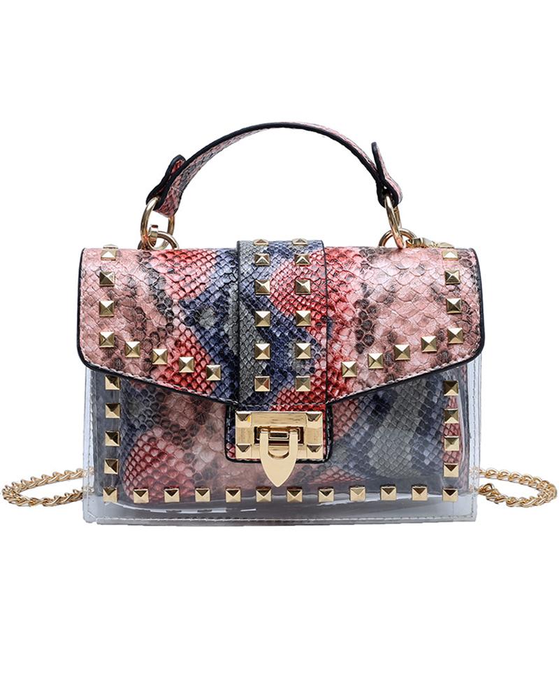 

Studded Clear Satchel With Inner Bag, Red