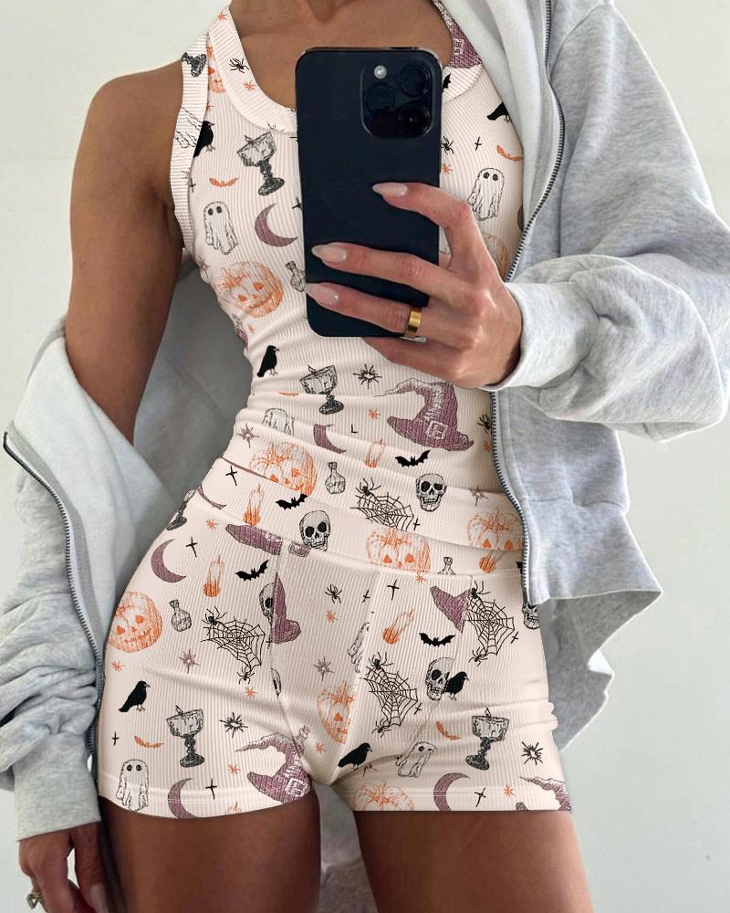 

Conjunto de 2 peças com estampa gráfica, regata com decote em U e shorts com cós elástico, pijama casual canelado, Apricot