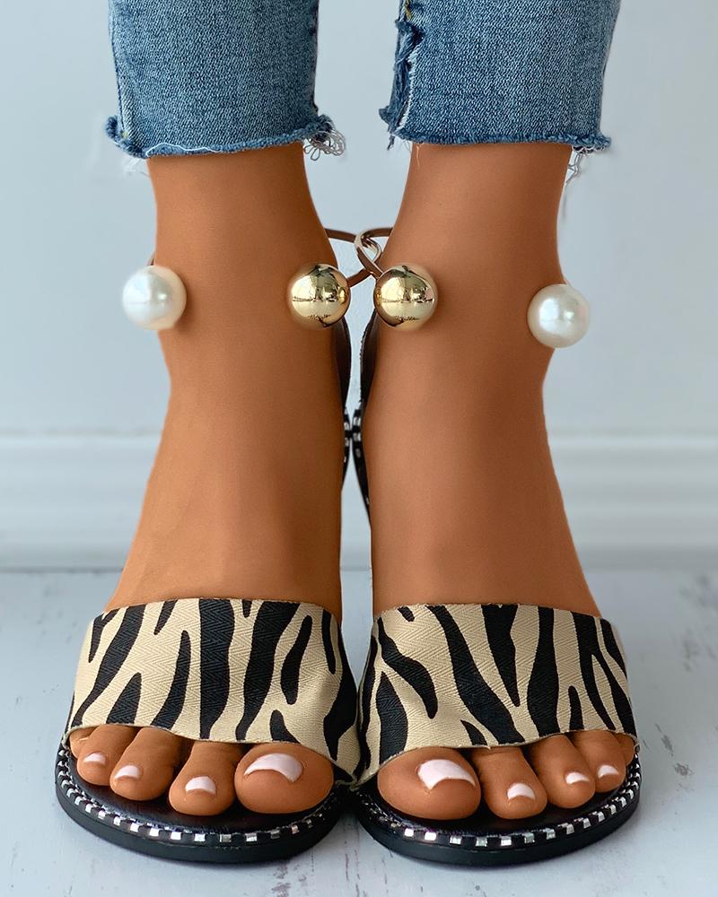 

Cheetah Print Beaded Ankle Strap Flat Sandals, Khaki