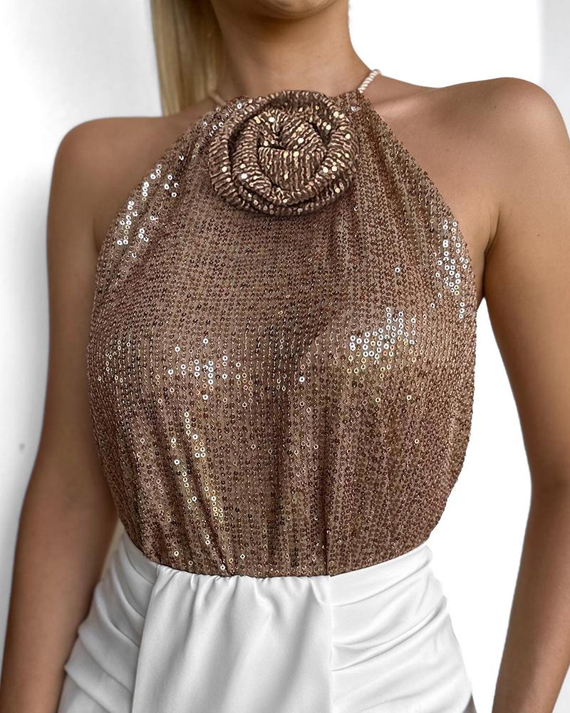 

Top halter con lentejuelas y detalle de rosa, Gold