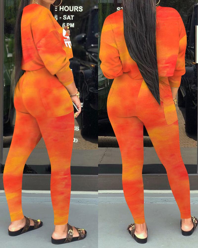 

Tie Dye Letter Print Top & High Waist Pants Set, Orange