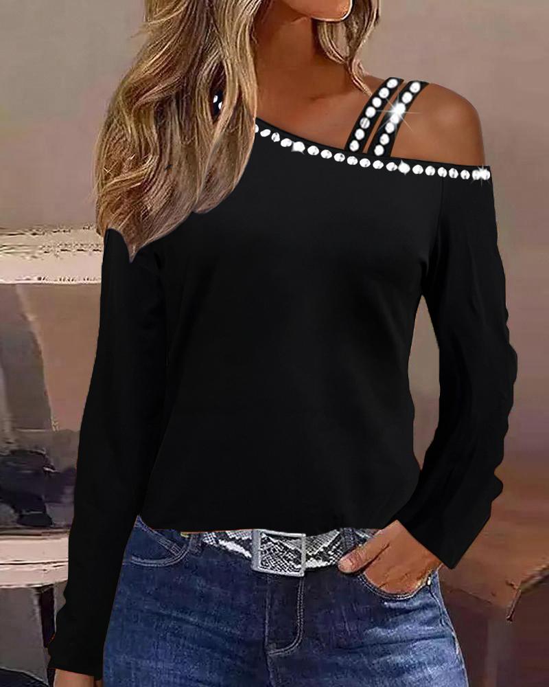 

Cold Shoulder Rhinestone Decor Long Sleeve Top, Black