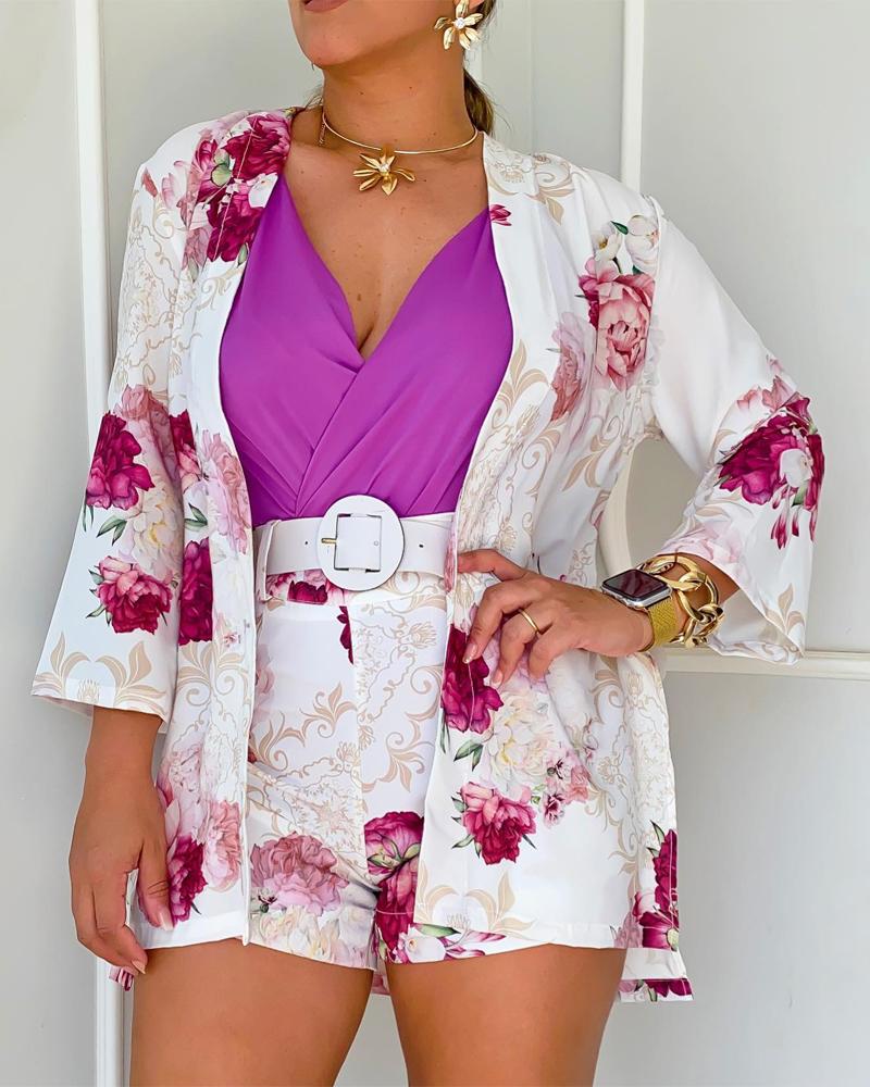 

Floral Print Open Front Top & High Waist Shorts Set, White