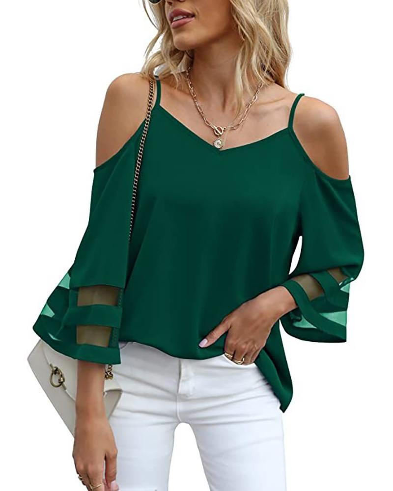 

Sheer Mesh Patch Bell Sleeve Cold Shoulder Top, Green