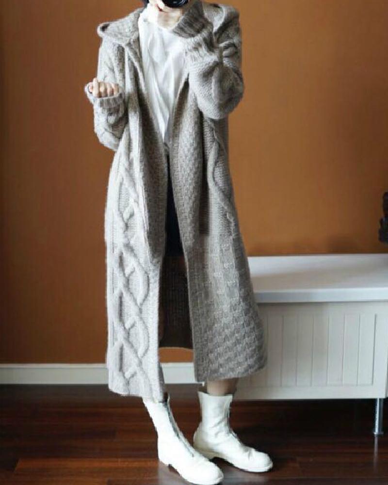 

Cable Knit Hooded Longline Cardigan, Gray