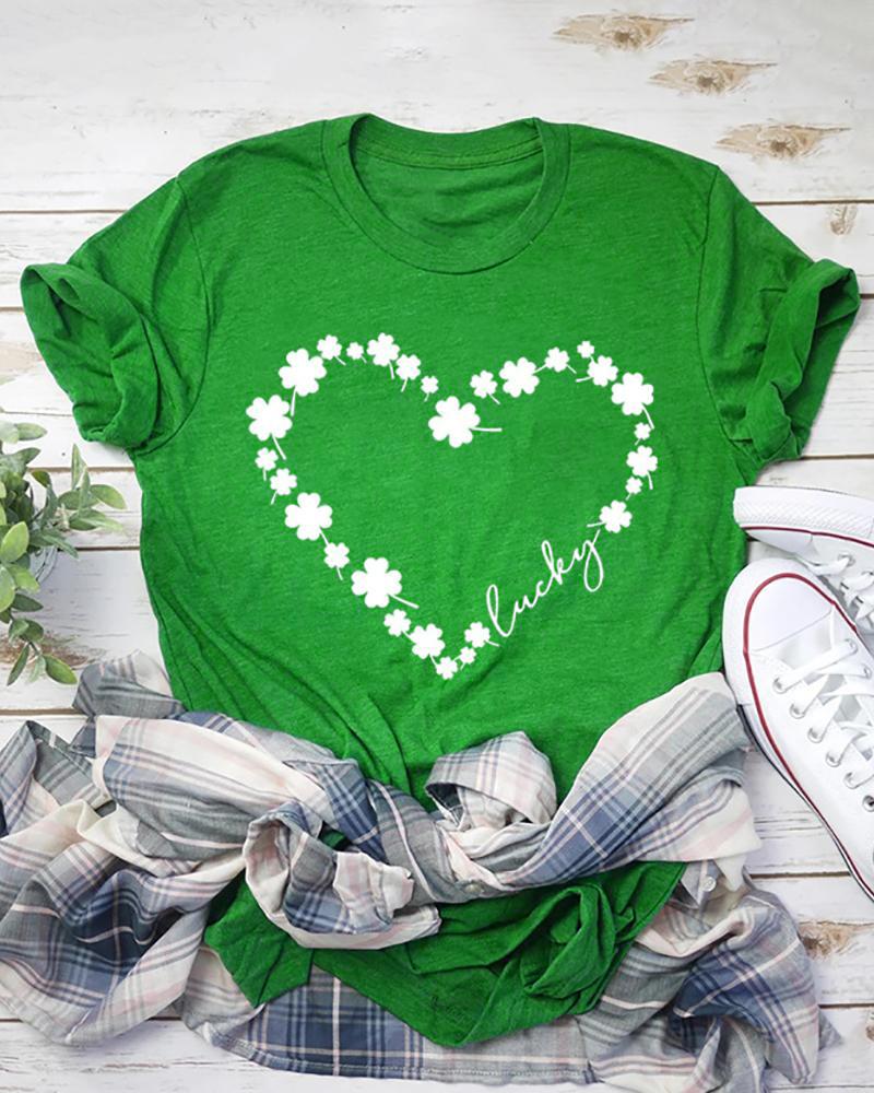 

St.Patrick's Day Short Sleeve Heart Four Leaf Clover Print Top, Green