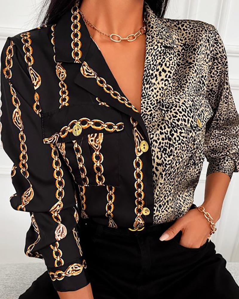 

Chain Cheetah Print Colorblock Buttoned Shirt, Black