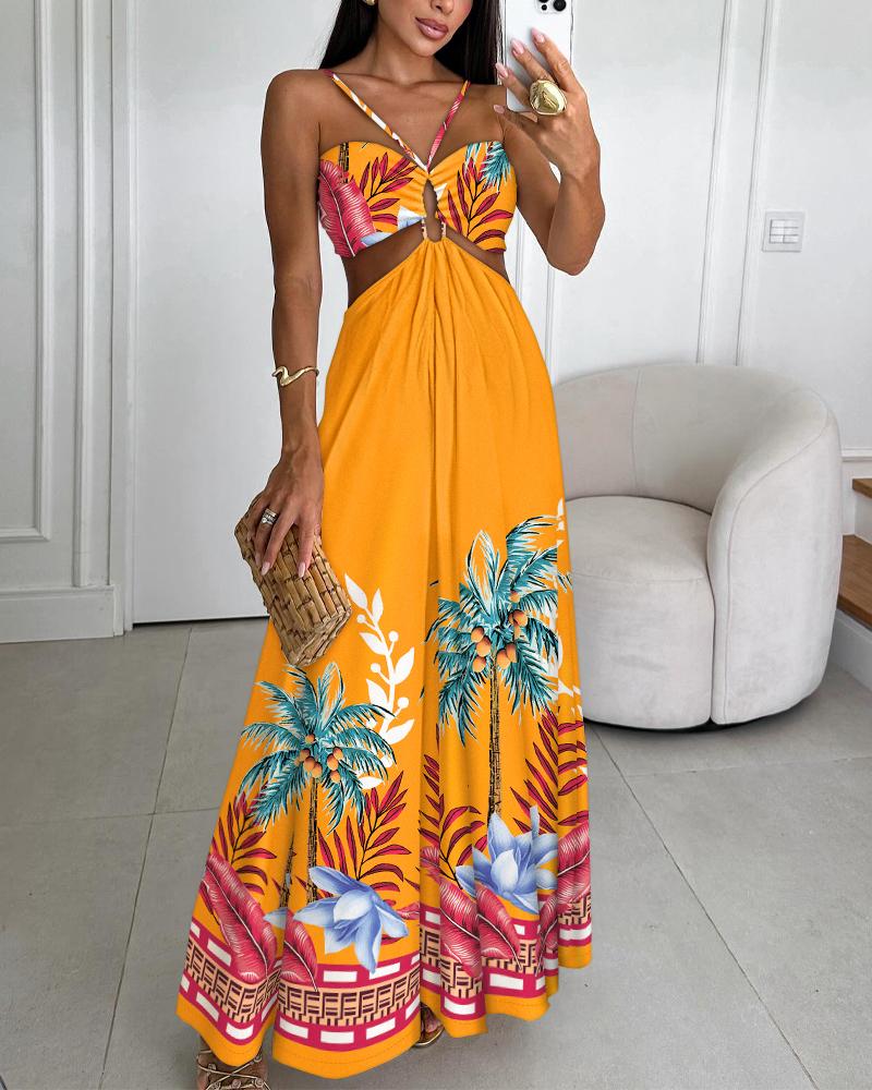 

Vestido maxi com estampa tropical vazada sem costas, Yellow