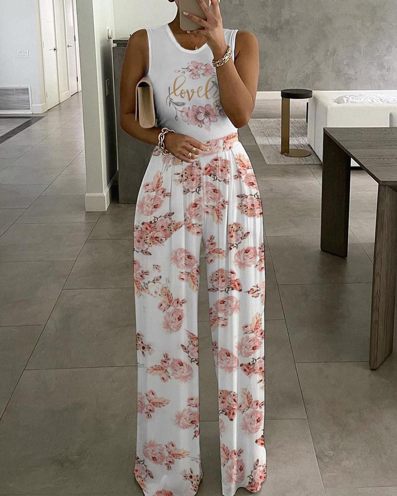 

Letter Floral Print Sleeveless Jumpsuit, Pink