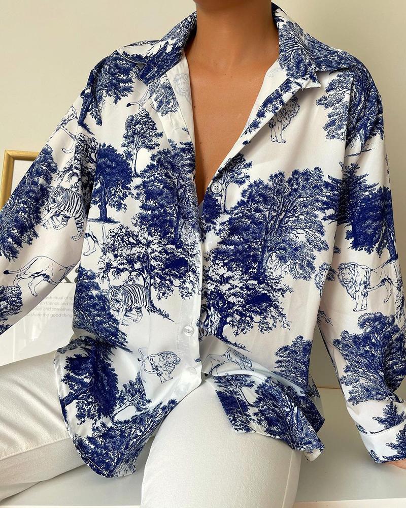 

Button Front Graphic Print Long Sleeve Shirt, Blue