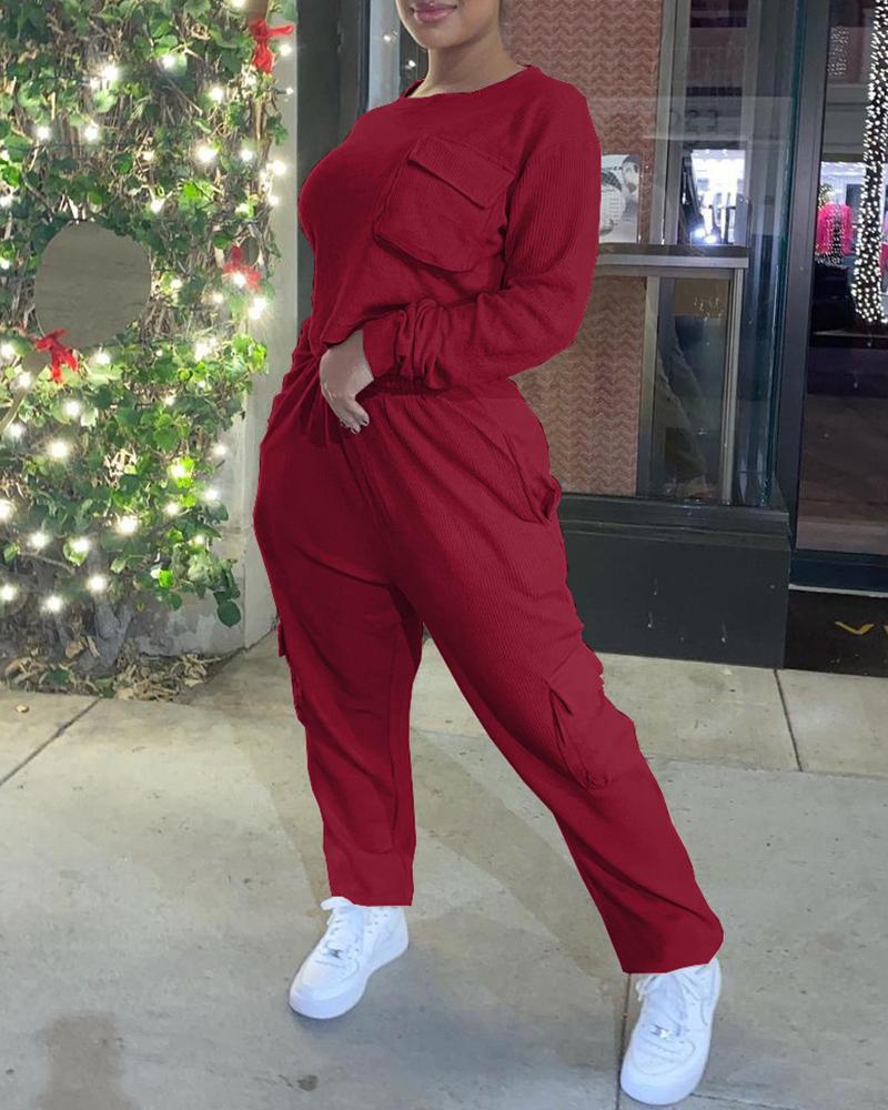 

Pocket Design Plain Top & Pants Set, Wine red