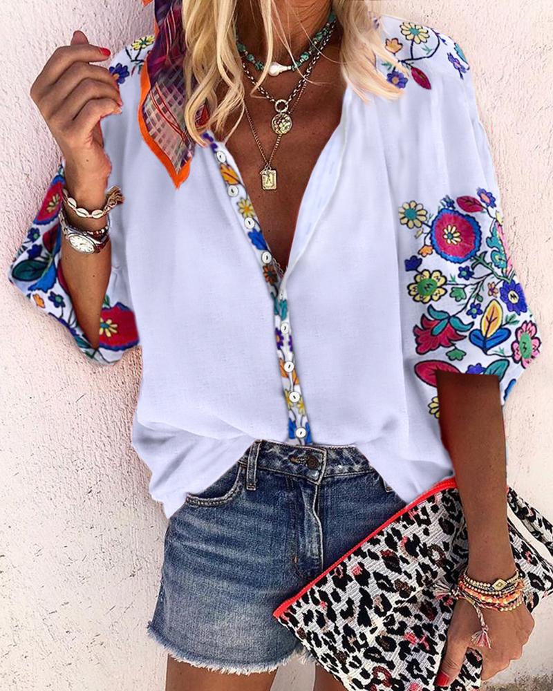 

Floral Print Buttoned Casual Blouse, White