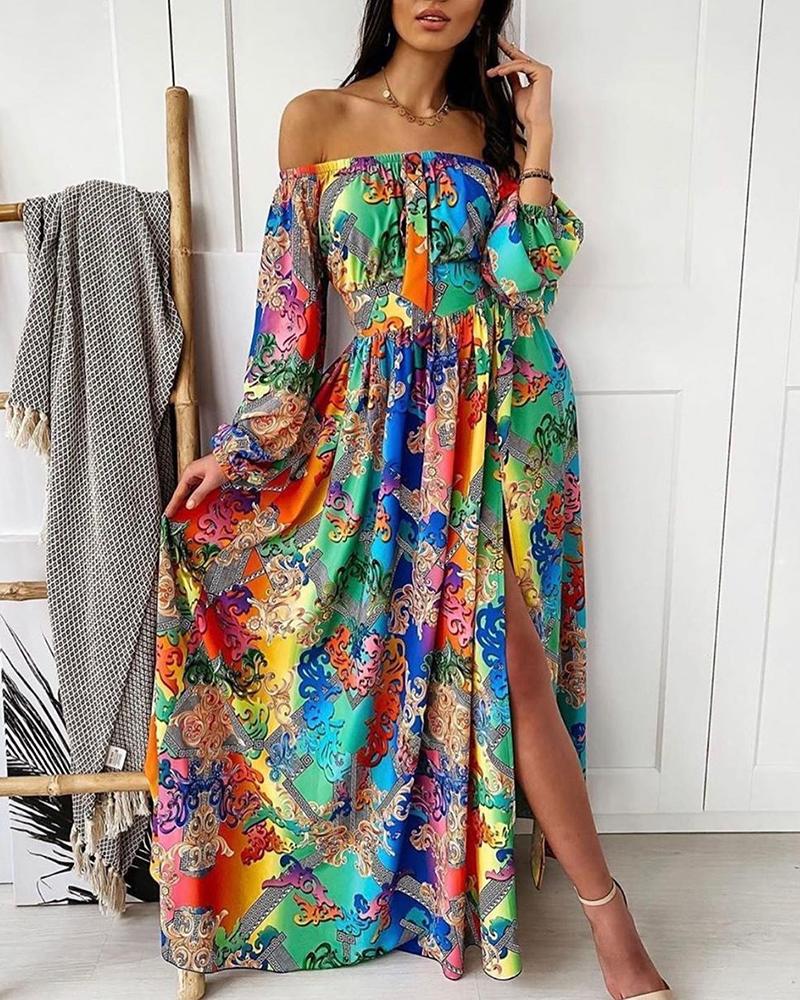 

Off Shoulder Colorful Print Slit Maxi Dress, Multicolor